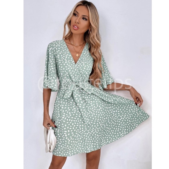 Mint Green All Over Print Dress Dalmatian, Spotted Faux Wrap, Tie Belt Mini - Picture 5 of 8